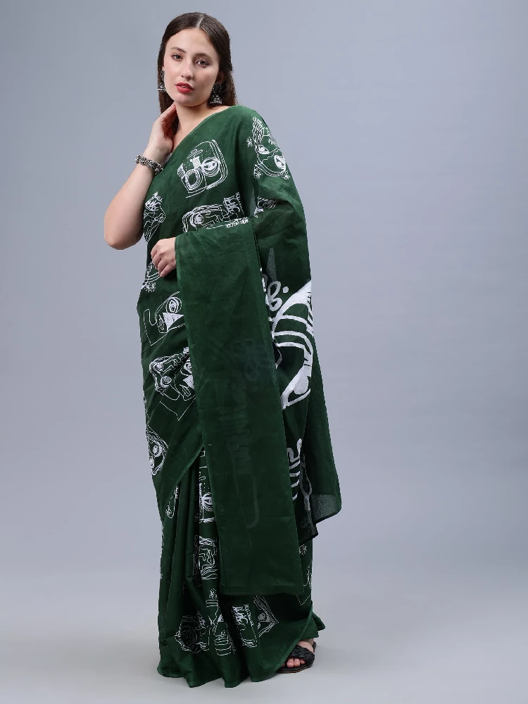Bottle Green Printed Malmal Cotton Saree-1.webp